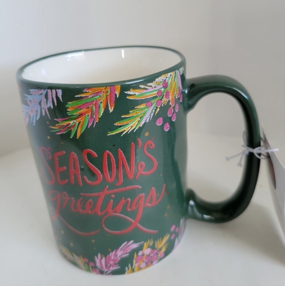 NEW EttaVee Coffee Mug Cup Green Seasons Greetings Painted Christmas - Picture 2 of 4